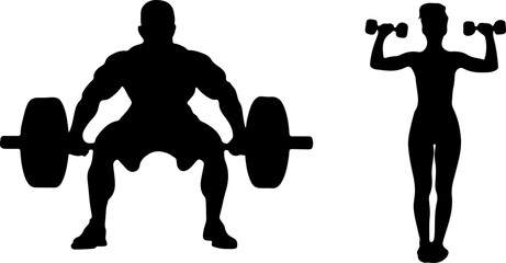 Strong man weightlifting barbell workout fitness woman dumbbells exercise health gym training muscular power strength bodybuilding silhouette activity