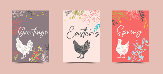 Spring Chickens and Botanicals Vector Cards Set