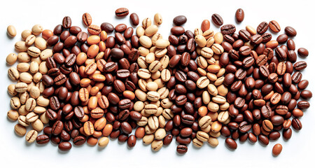 Fototapeta premium Ammasso di chicchi di caffè di varia qualità su sfondo bianco con vista da sopra