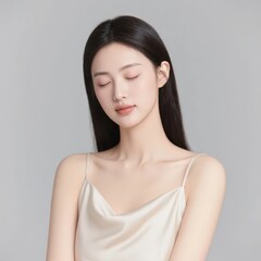 Fototapeta premium A woman with closed eyes wearing a satin dress