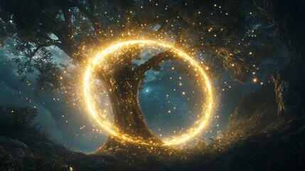 Magical tree with golden light ring