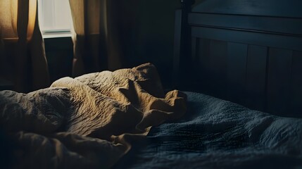 Dark modern bedroom with black wood and warm-toned linens