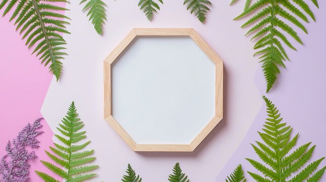 Empty wooden octagonal frame surrounded by fern leaves.