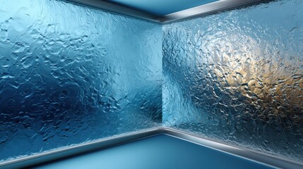 Modern architectural interior with textured glass walls and sleek ceiling design in cool blue tones