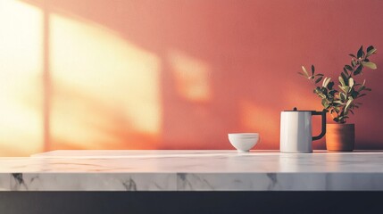Marble countertop and ceramic objects in soft sunset light for calm kitchen interior design decor photography scene