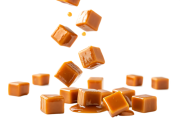 Flying caramel cubes, isolated png transparent background