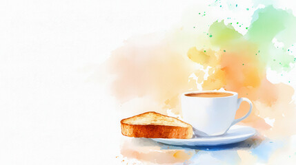 Watercolor design featuring cup of coffee and slice of toast, evoking warm and inviting atmosphere