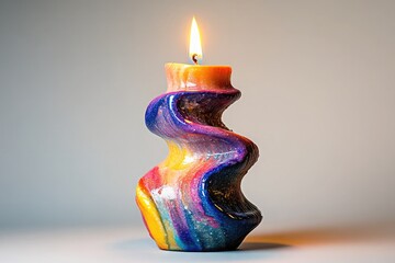 Burning colorful swirled candle on light background