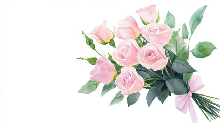 Beautiful bouquet of pink roses with green leaves, elegantly tied with ribbon, evokes feelings of love and tenderness