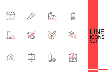 Set line Hunting shop, Bullet, Target sport, Tourist tent, Paw search, Slingshot, Medieval bow and arrow and Cartridges icon. Vector