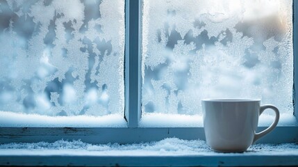 Winter's Embrace: Frosty Window and Warm Mug