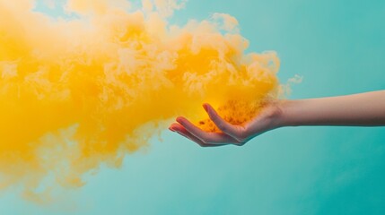 Colorful powder explosion from hand for celebration party abstract vibrant motion fantasy freedom creative expression photography scene