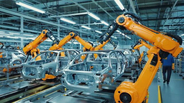 Automated Car Manufacturing: Robotic Arms Assembling Vehicle Bodies