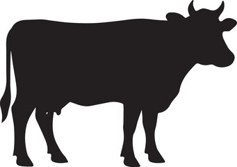 Black and white vector silhouette illustration of farm animals including a cow and bull