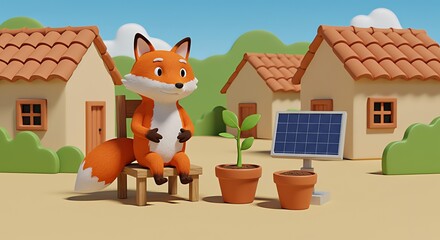 Cute cartoon fox sitting on a chair next to potted plants and a solar panel in a village setting