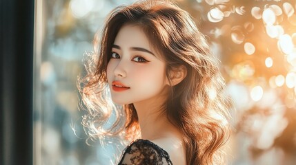 Radiant Beauty: Young Woman with Long Brown Hair in Golden Sunlight