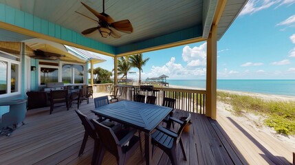 Oceanfront Deck Dining: Tropical Coastal Home Exterior