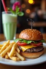 Double cheeseburger with fries and green smoothie in restaurant setting