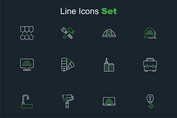 Set line Crane hook, Worker safety helmet, Paint roller brush, Washbasin, Toolbox, City landscape, Color palette guide and icon. Vector