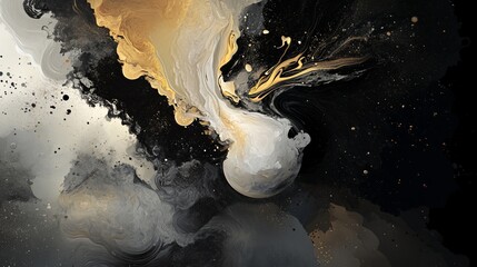 Abstract Cosmic Nebula: Gold, Grey, and Black Swirl