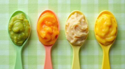 Colorful vegetable puree portions on baby spoons