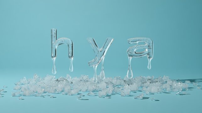 Melting ice letters hya on scattered ice chunks, soft blue background. Glossy, transparent style highlights hydration. Clean, minimal look ideal for skincare or wellness product visuals.