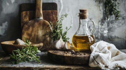 Olive oil bottle with herbs and garlic on rustic kitchen table for cooking organic product health cuisine scene