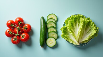 Fresh vegetables and canned corn on blue background