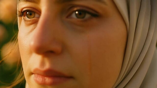 A tear rolls delicately down her cheek as she gazes into the distance, the golden light of the morning sun spilling through the window and illuminating her softly contoured face