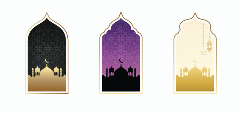 set of Islamic window with mosque vector poster