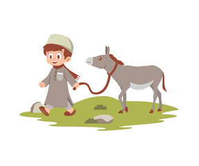 Happy Boy Walking a Donkey in Nature