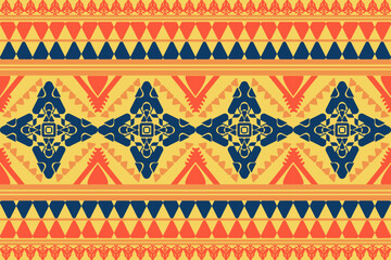 Colorful seamless tribal geometric pattern in red, navy blue, and yellow tones design for prints, wallpapers, pillows, carpets.