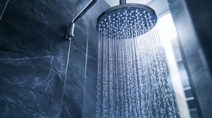 Refreshing Shower Water Cascade Against Dark Marble
