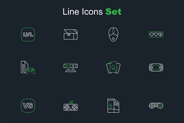 Set line Game controller or joystick, Case of computer, VS Versus battle, Portable video game console, Playing cards, Web camera and with icon. Vector
