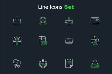 Set line Hanging sign with text Closed, Wish list template, Stopwatch percent discount, Discount tag, Tax payment, Sold and Stacks paper money cash icon. Vector