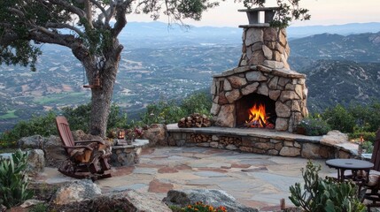 Stone Fireplace with Rocking Chair and Scenic View