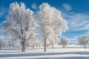 Frost-covered trees rise majestically against a clear blue sky, creating a tranquil winter atmosphere. The landscape is blanketed in fresh snow, reflecting the serene beauty of the season