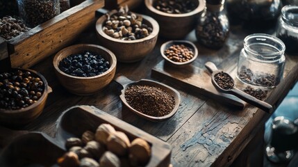 Rustic spices and coffee beans on wood table with ceramic bowls and ingredients