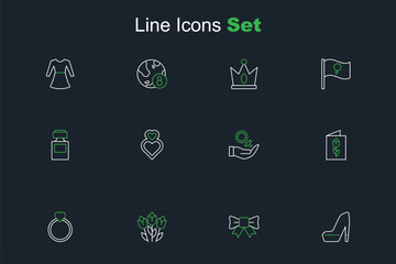 Set line Woman shoe, Gift bow, Flower tulip, Diamond engagement ring, Greeting card with 8 March, Female gender symbol, Heart and Perfume icon. Vector