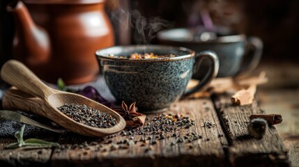 Fototapeta premium Rustic wooden table with cup of coffee, spices and vintage style decor elements