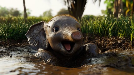 Joyful Mud Bath: A Baby Elephant's Playful Moment