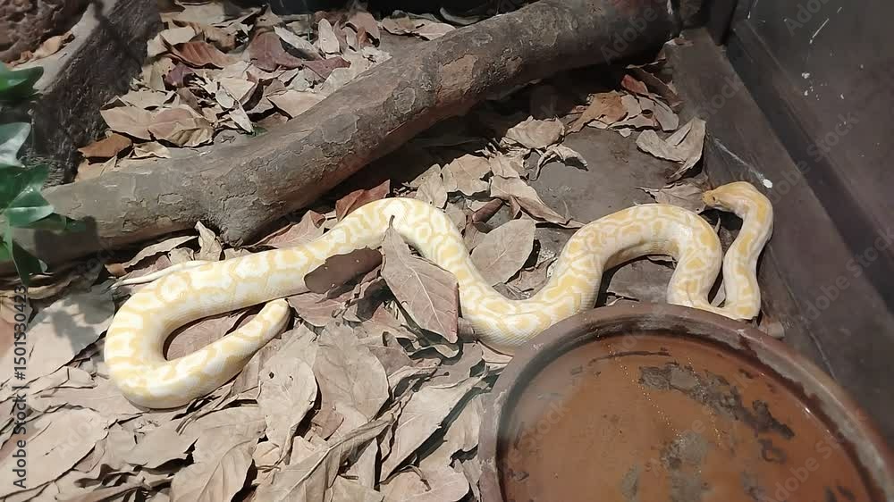 Aufkleber beautiful yellow python in nature captivating reptile slithering over leaves and branches in its exo