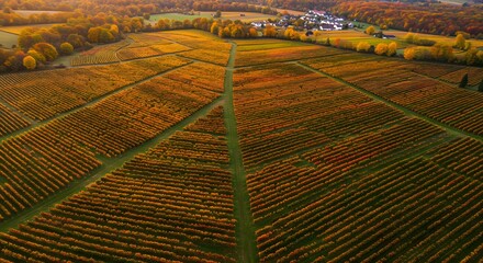 Overhead aerial view of row crops in a rural autumn landscape