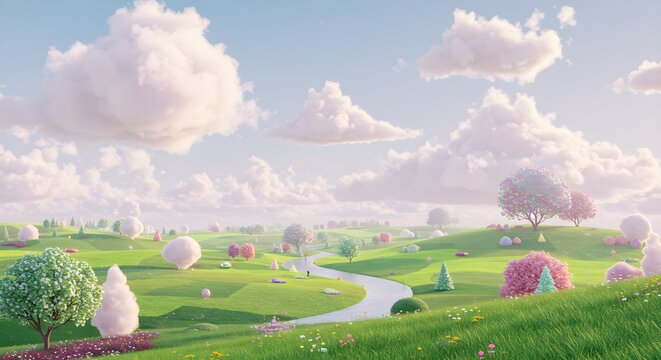 Pastoral landscape with rolling hills clouds and serene winding path