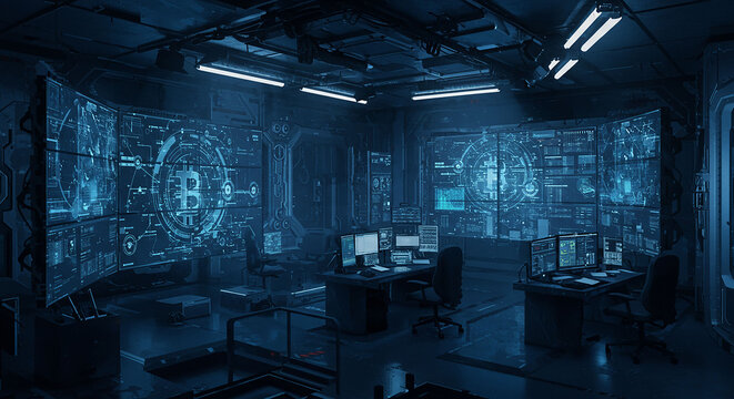 Blockchain Technology Displayed in a High-Tech Control Room