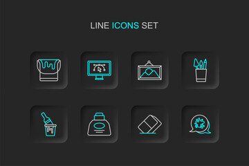 Set line Paint spray, Eraser or rubber, Inkwell, bucket with brush, Pencil case stationery, Picture landscape, Computer design program and icon. Vector