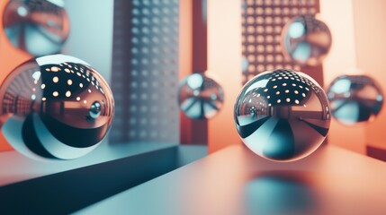 Abstract 3D spheres and cubes in futuristic pastel scene