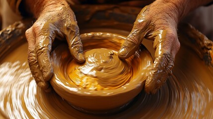 Master Potter's Hands Shaping Clay on a Spinning Wheel
