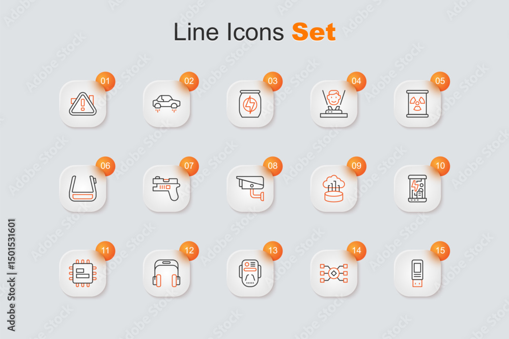 Poster set line usb flash drive, neural network, artificial intelligence robot, headphones, processor cpu, 