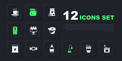 Set Coffee cup to go, Manual coffee grinder, Cake, Tea bag, thermometer, Candy, pot and Milk bottle icon. Vector
